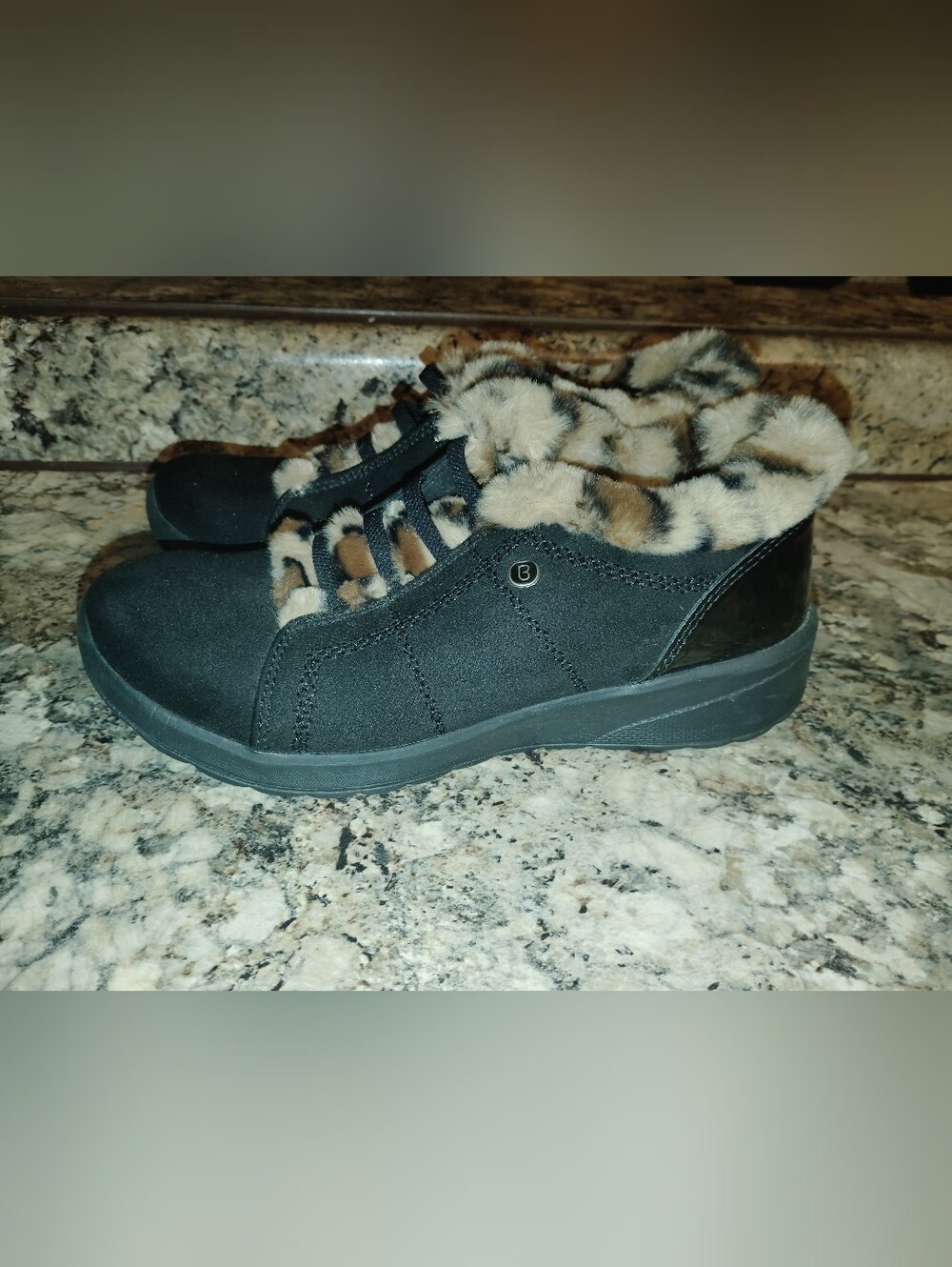 Breezies Black Slip-On Cozy Faux-Fur Trim Slippers with Leopard Print - Picture 1 of 5